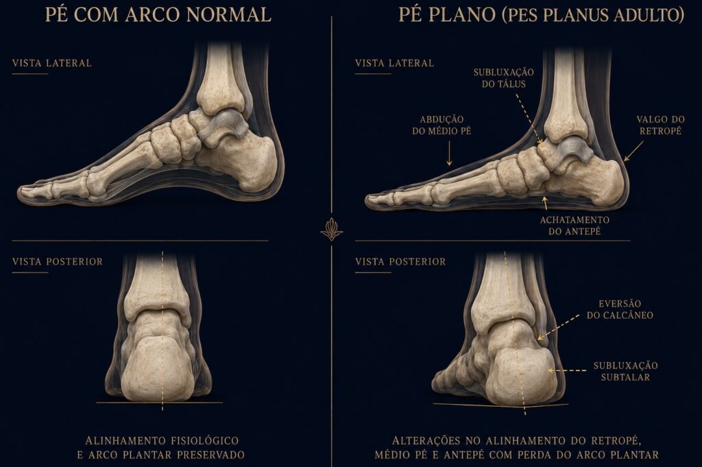 Ilustração anatômica mostrando a vista lateral e posterior de um pé com arco normal e um pé plano, com setas indicando cada uma das alterações descritas (valgo do retropé, subluxação do tálus, abdução do mediopé).
