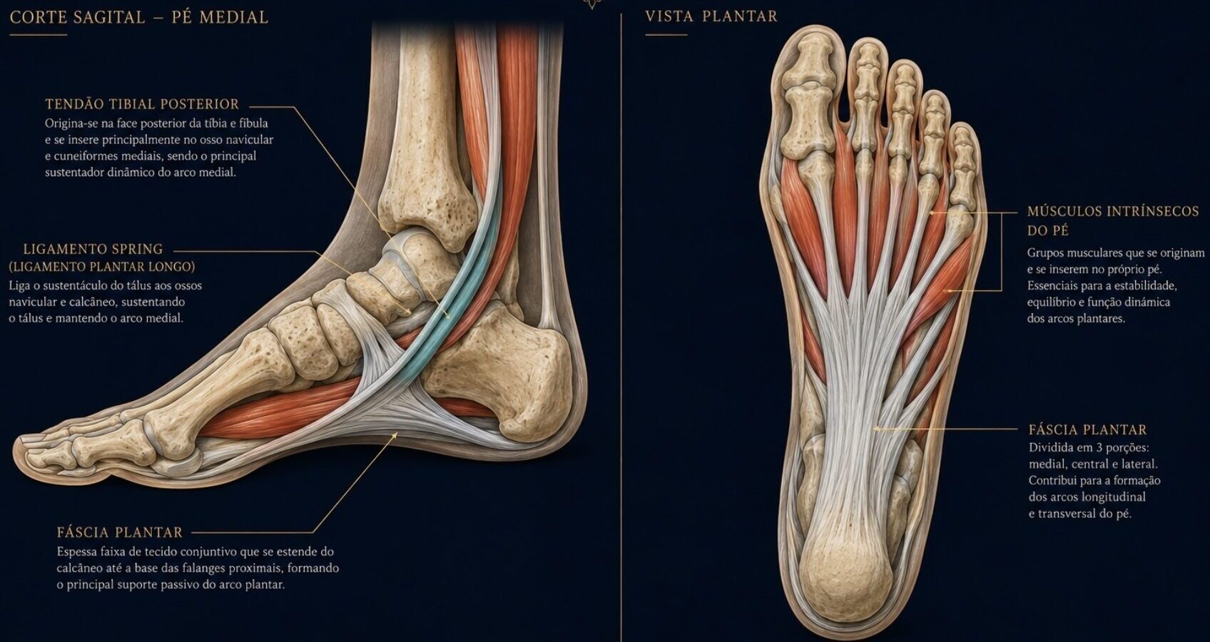 Ilustração anatômica detalhada do pé em corte sagital e vista plantar, com todas as estruturas mencionadas (tendão tibial posterior, ligamento spring, fáscia plantar) devidamente identificadas e coloridas.