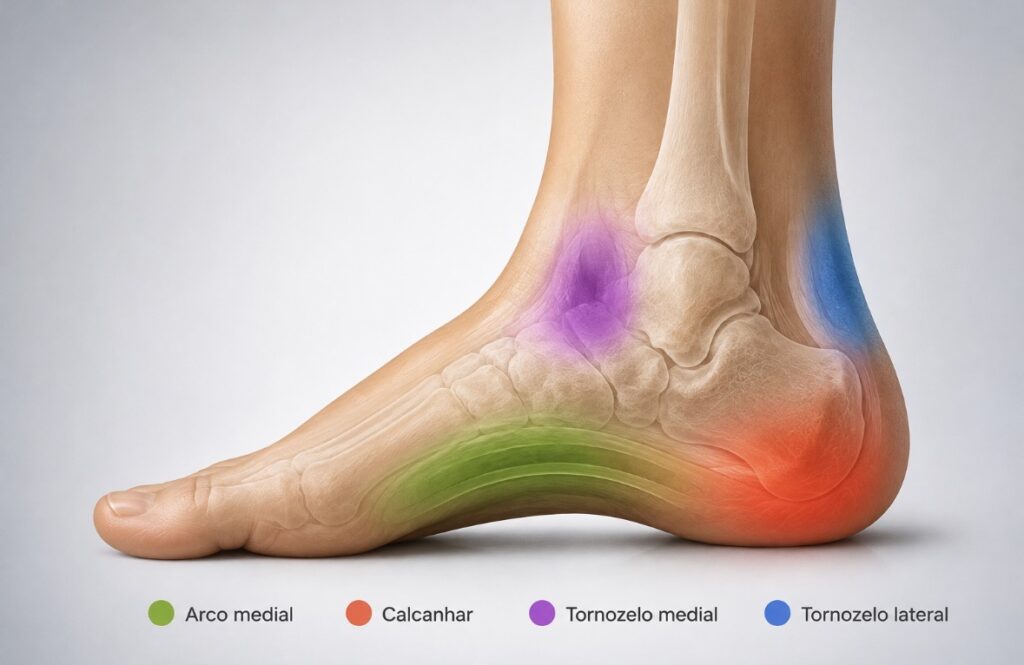 Ilustração do pé com as principais regiões de dor destacadas: arco medial, calcanhar, tornozelo medial e lateral, com cada área identificada por cor.