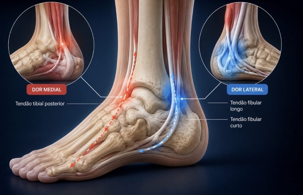 Ilustração do tornozelo com as duas regiões de dor destacadas (medial e lateral), com setas indicando o trajeto dos tendões envolvidos nos sintomas do pé plano.