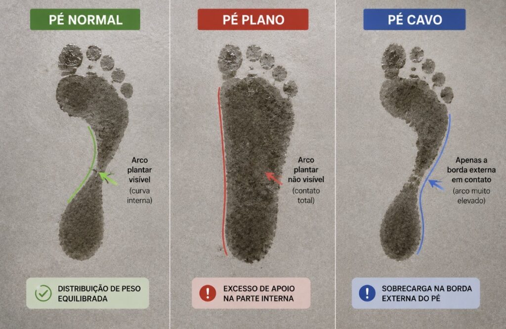 Sequência de três pegadas molhadas: uma de pé normal (com curva), uma de pé plano (sem curva) e uma de pé cavo (apenas borda externa), com setas indicando as diferenças.
