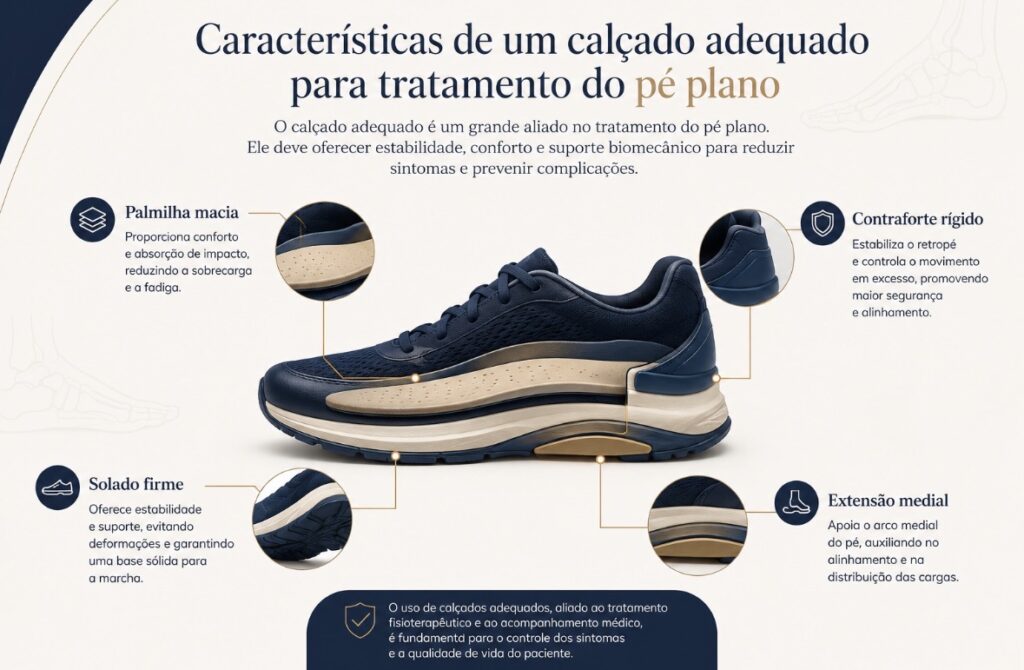 Ilustração mostrando as características de um calçado adequado para tratamento do pé plano: solado firme, palmilha macia, contraforte rígido e extensão medial.