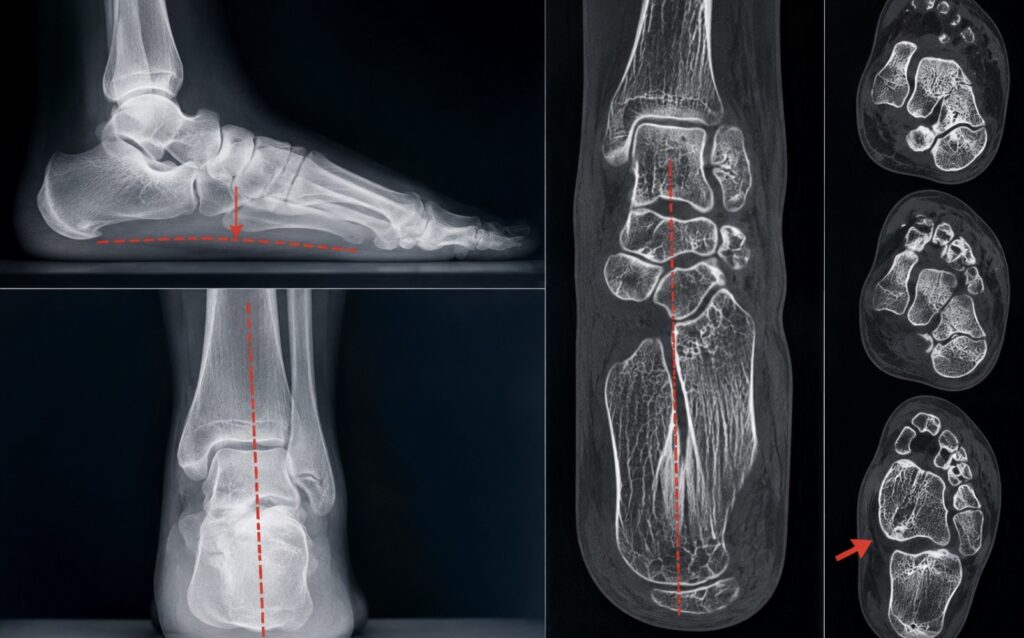radiografia com carga de pé plano em perfil e AP, ao lado de uma tomografia computadorizada do pé.