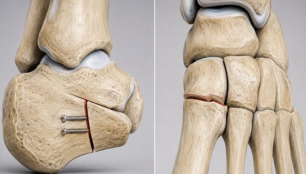 calcâneo com osteotomia de medialização e outra representação mostrando osteotomia de Cotton no cuneiforme medial.