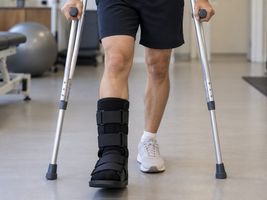 Paciente visto apenas da cintura para baixo utilizando muletas durante reabilitação de cirurgia do pé, em ambiente clínico.