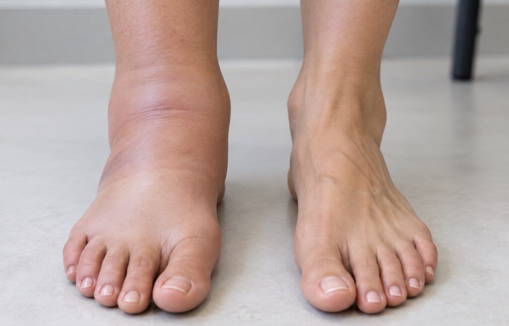 Comparação clínica discreta de um pé com edema pós-operatório leve e o outro sem edema, sem feridas ou conteúdo gráfico.